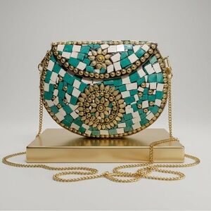 RAMLA Mosaic Embellished Crossbody Bag in Teal and White with Gold Chain
